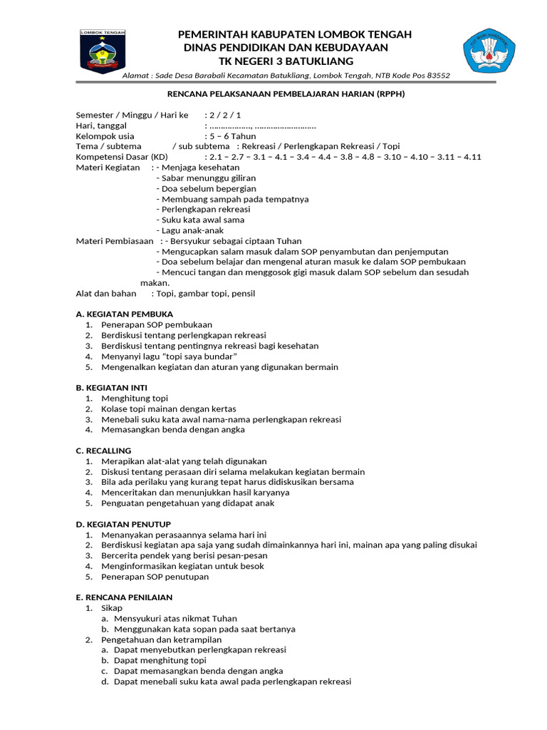 RPPH TK-B SMT2 Minggu - 02 - Perlengkapan Rekreasi | PDF
