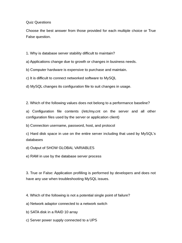MySQL Troubleshooting Quiz Questions | PDF