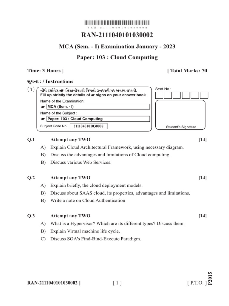 MCA Cloud Computing Exam Paper 2023 | PDF | Cloud Computing ...