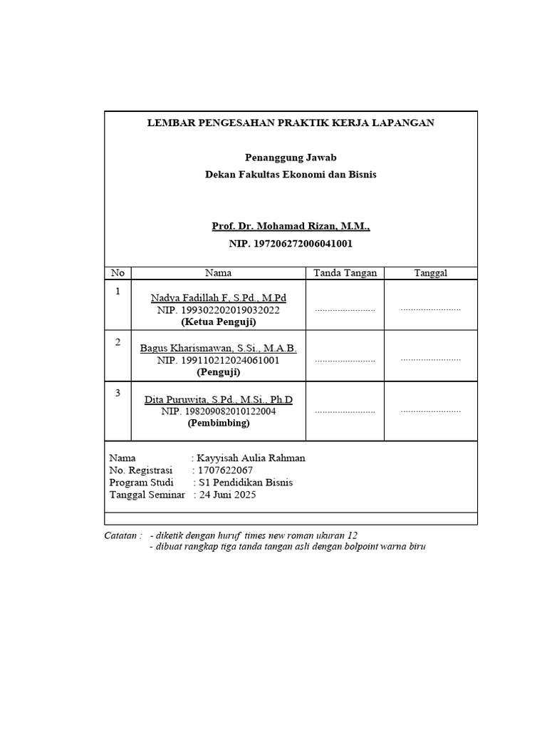 Lembar Pengesahan PKL Kayyisah Aulia Rahman | PDF