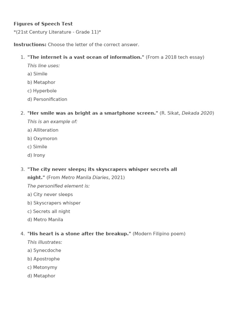 Figures of Speech Test 1-15 | PDF | Metaphor | Rhetorical Techniques