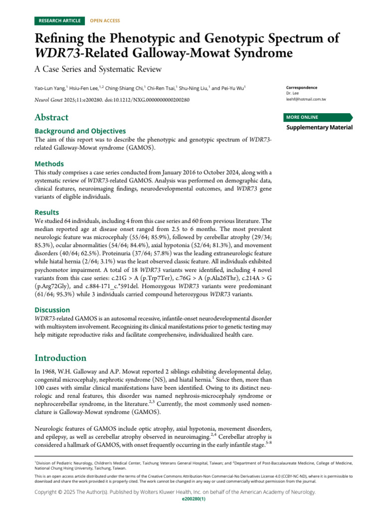Yang Et Al 2025 Refining The Phenotypic and Genotypic Spectrum of wdr73 ...