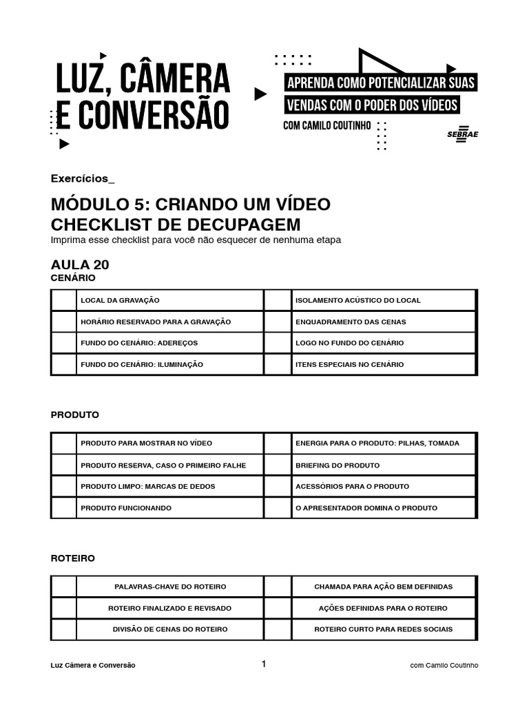Checklist para Gravação de Vídeo Eficiente | PDF | Câmera | Roteiro