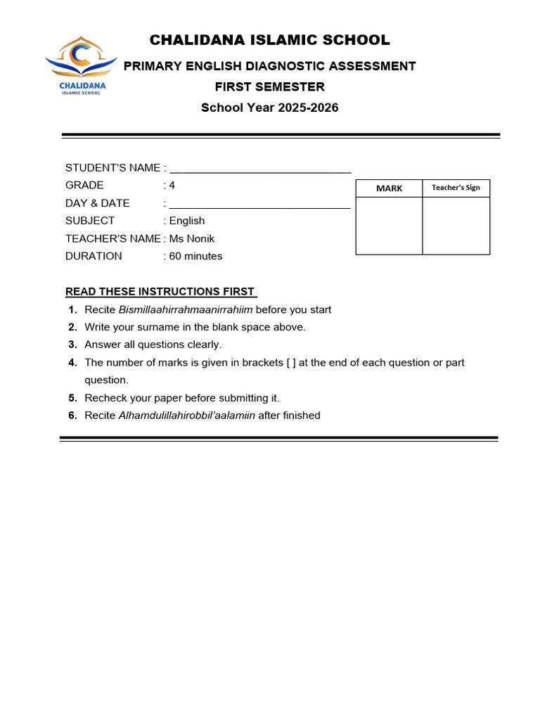 Grade 4 English Diagnostic Assessment | PDF | Chess | Chess Theory
