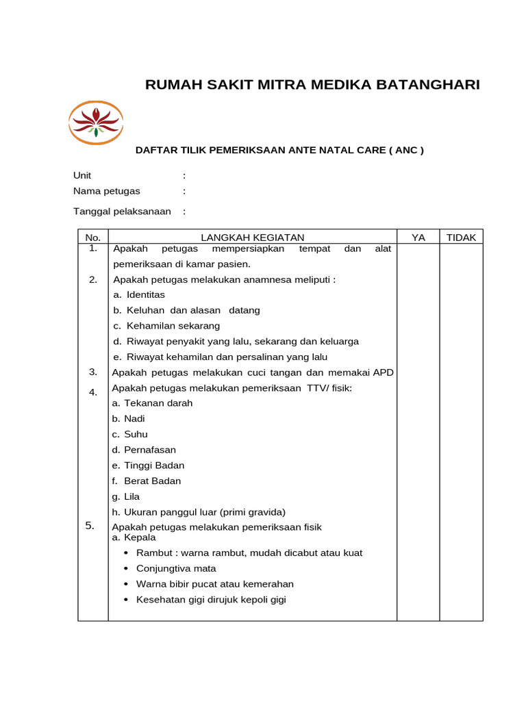 Checklist Pemeriksaan ANC untuk Petugas | PDF