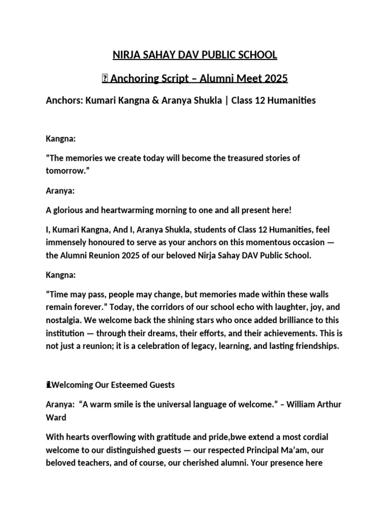 Alumni Meet 2025 Anchoring Script | PDF