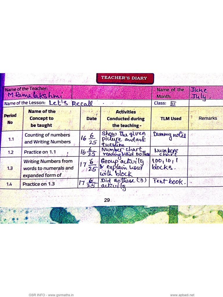3rd Maths June, July Teacher's Diary | PDF