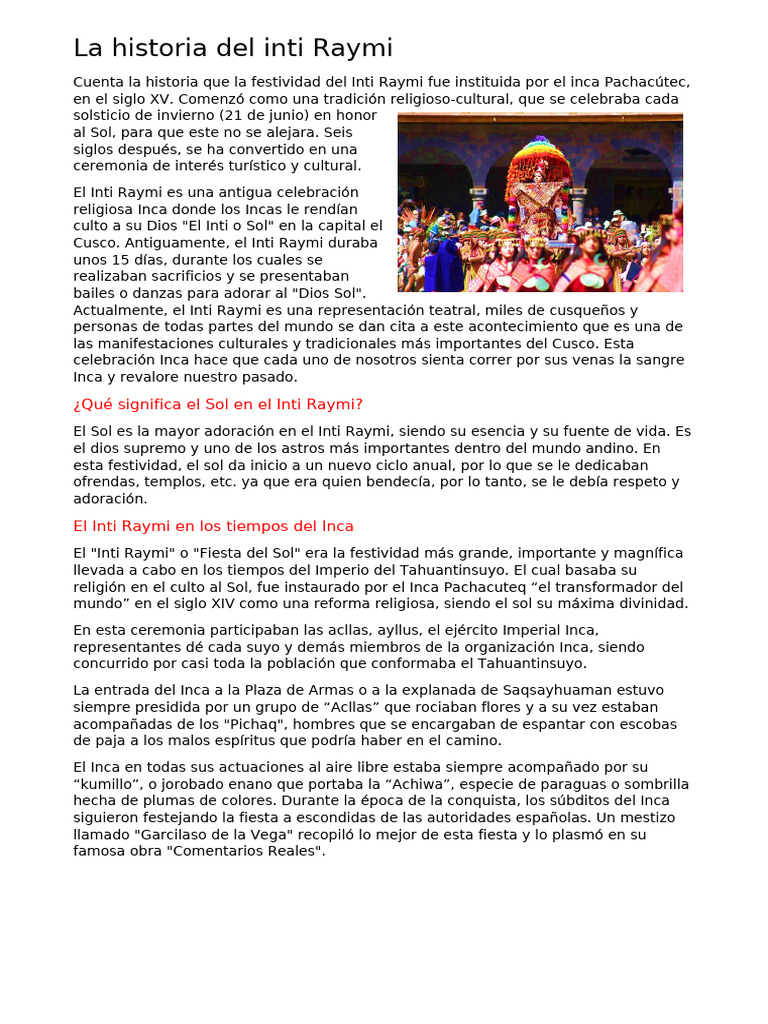 Historia del Inti Raymi: Tradición Inca | PDF | Imperio Inca