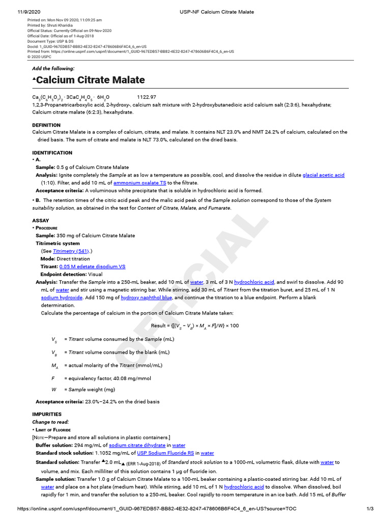 USP Monograph for Calcium Citrate Malate | PDF | Titration | Chemistry