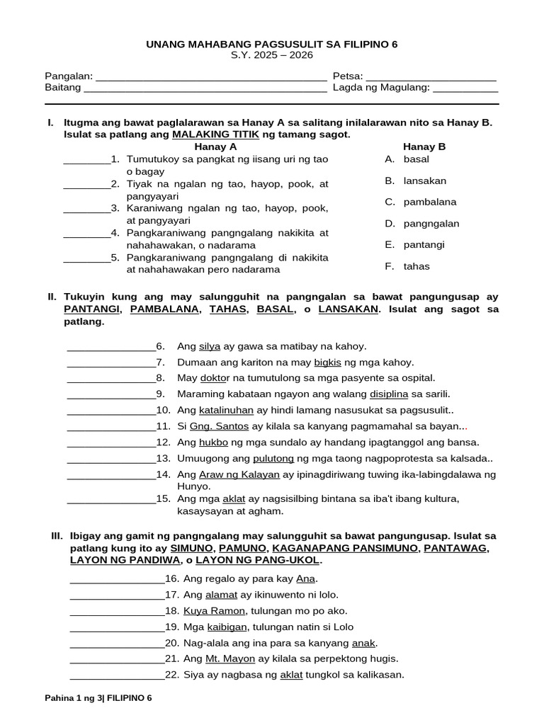 1ST - Summative Test Filipino | PDF