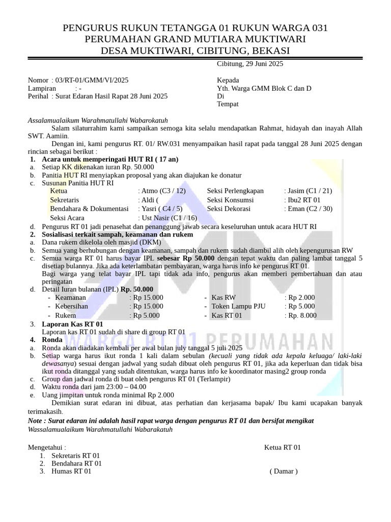 Hasil Rapat RT 01: Iuran dan Ronda | PDF