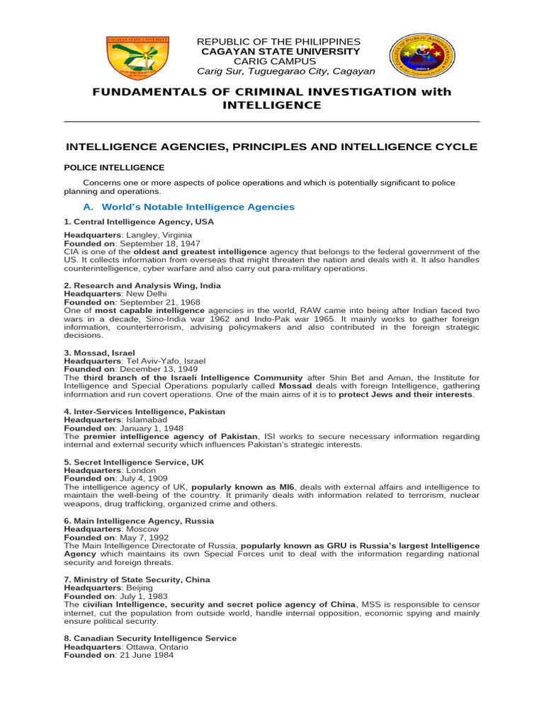Overview of Global Intelligence Agencies | PDF | Military Intelligence ...