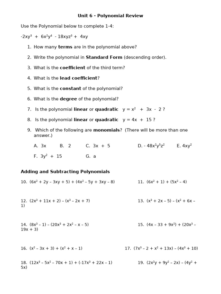 Polynomial Review Exercises | PDF | Area | Polynomial