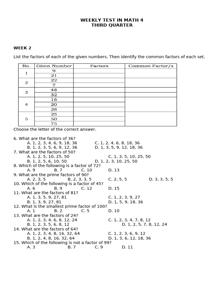q3 Weekly Test in Math 4 | PDF | Number Theory | Arithmetic