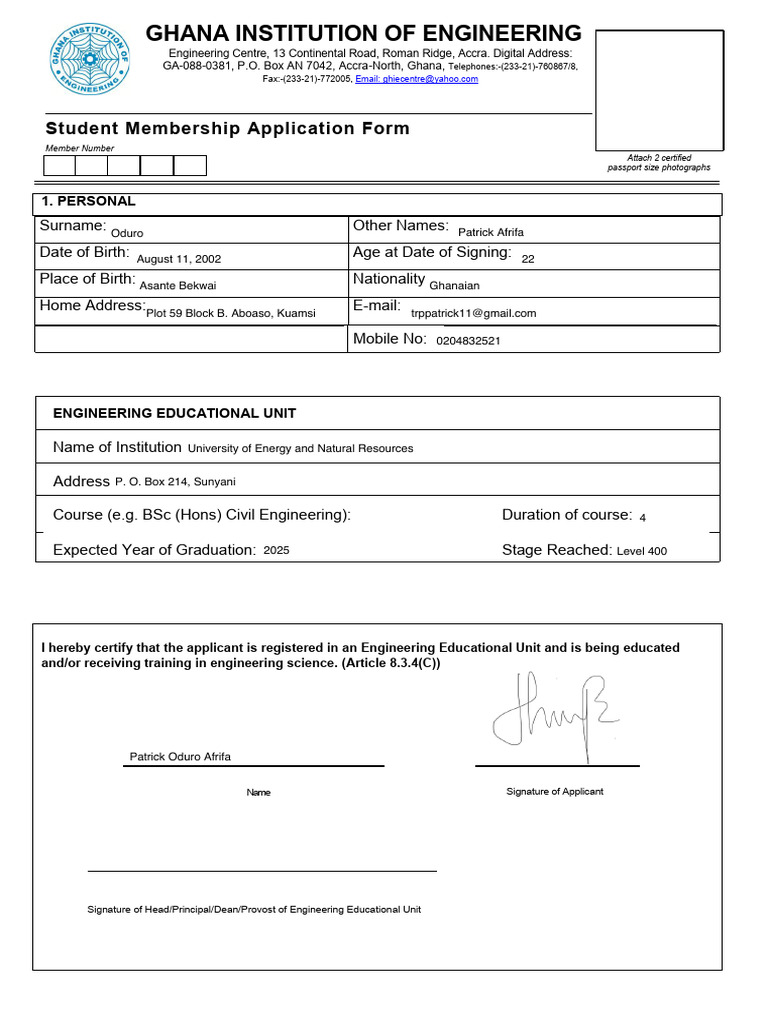GHIE Student Membership Application Form | PDF