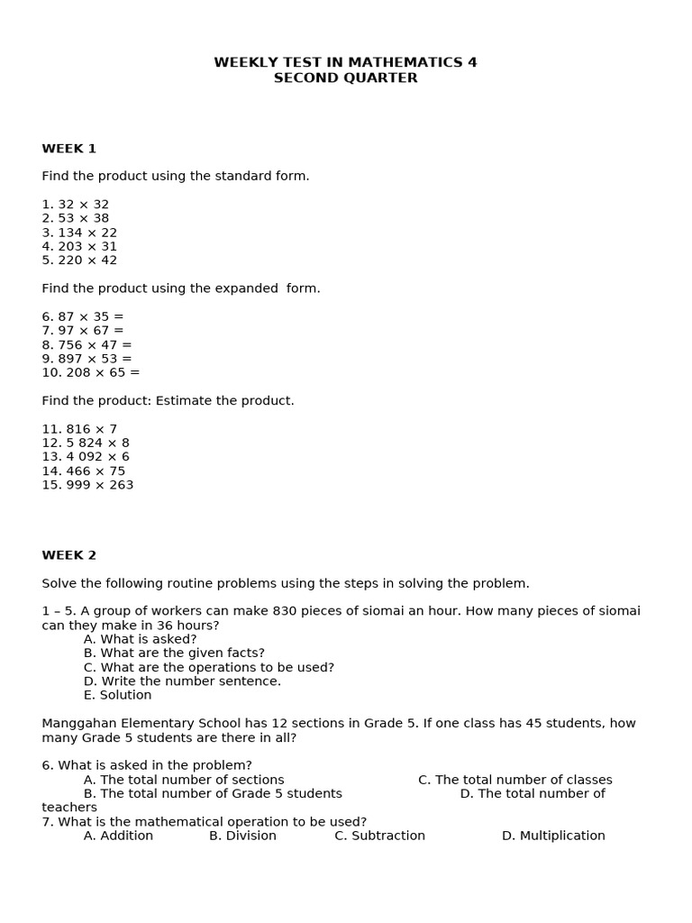q2 Weekly Test in Math 4 | PDF | Mathematics | Arithmetic
