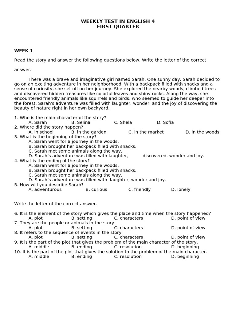 Weekly English Test for Grade 4 | PDF | Verb | Noun