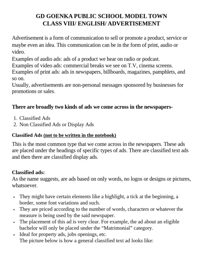 Advertisement Writing for Class 8 | PDF | Advertising | Newspapers