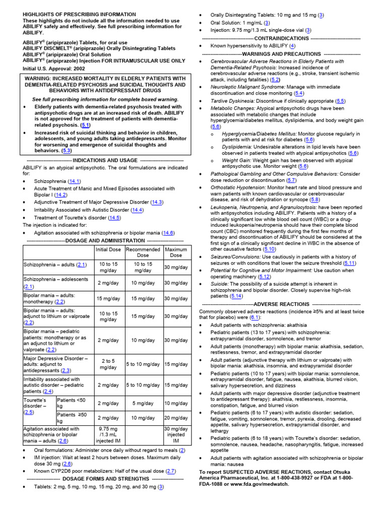 ABILIFY Prescribing Information Overview | PDF | Antipsychotic ...