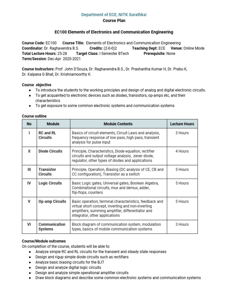 EC100 Elements of ECE Course Plan | PDF | Electronic Engineering | Diode