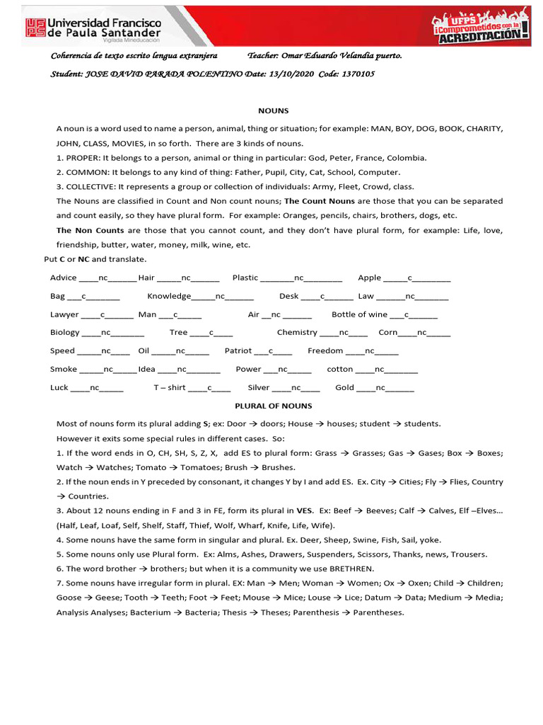 Exercise Nouns and Its Plural Form | PDF | Plural | Noun