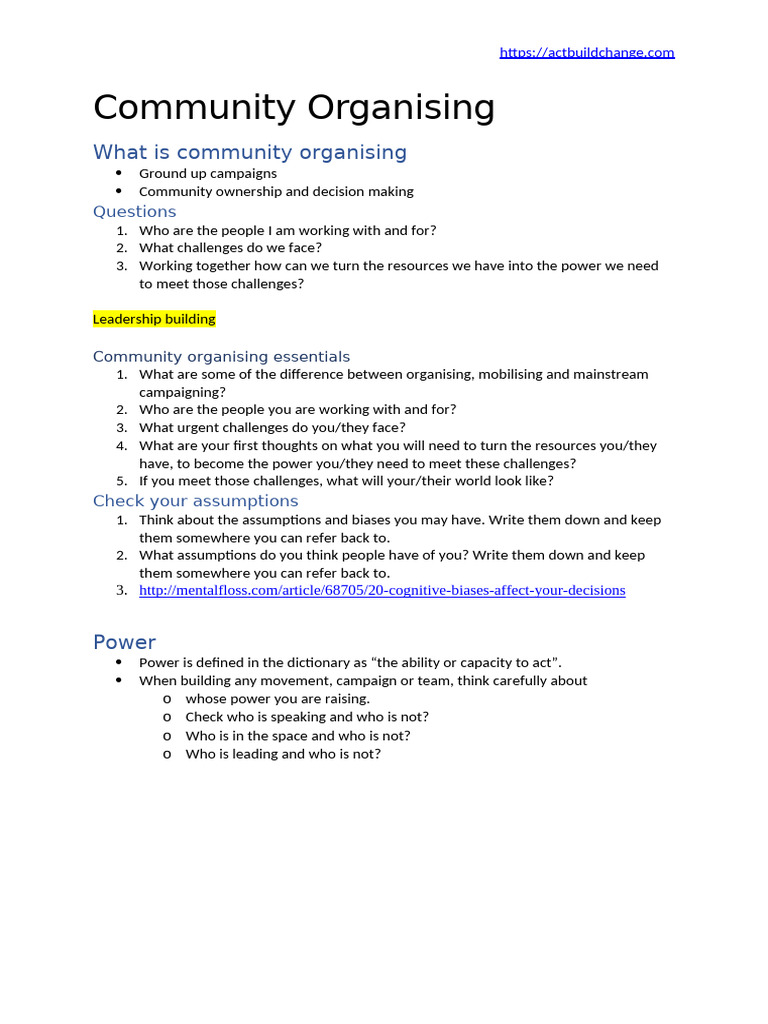 Community Organising Essentials Guide | PDF | Goal | Community Organizing