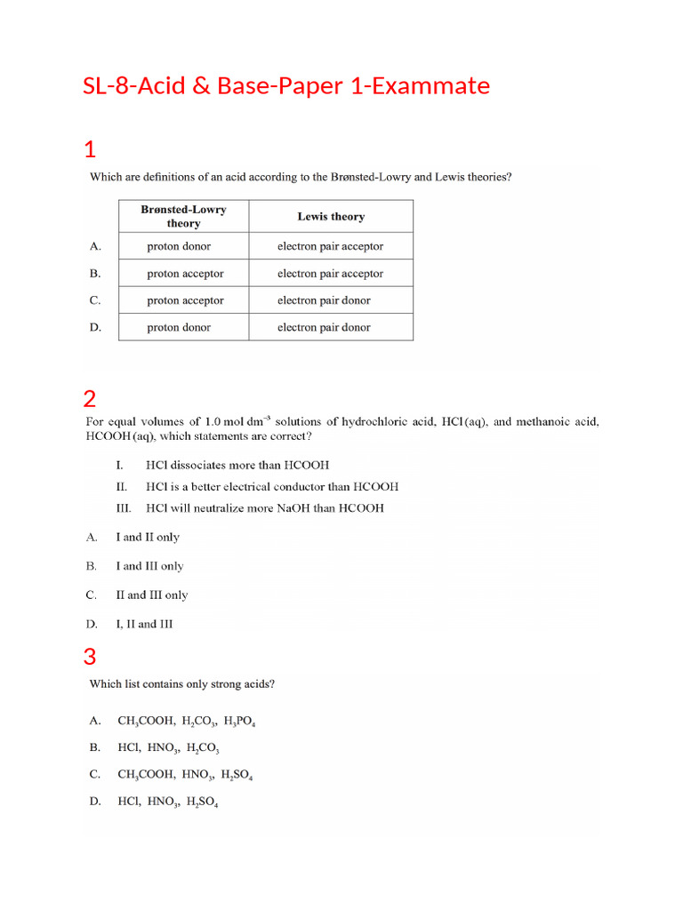 Acid and Base Exam Paper SL-8 | PDF