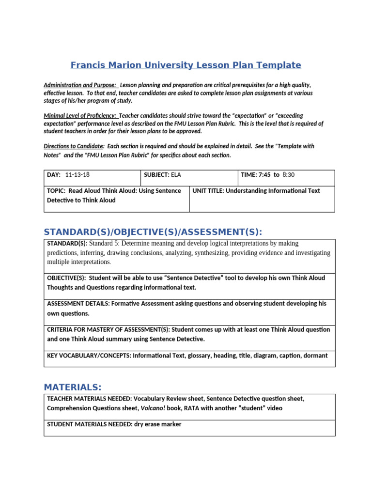 FMU ELA Lesson Plan Template | PDF | Reading Comprehension | Lesson Plan