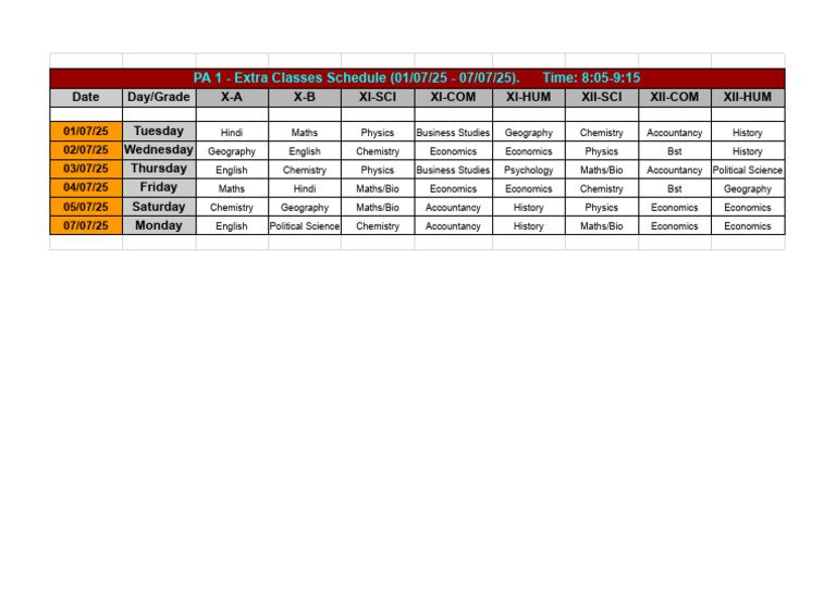 Extra Classes Schedule: July 2025 | PDF