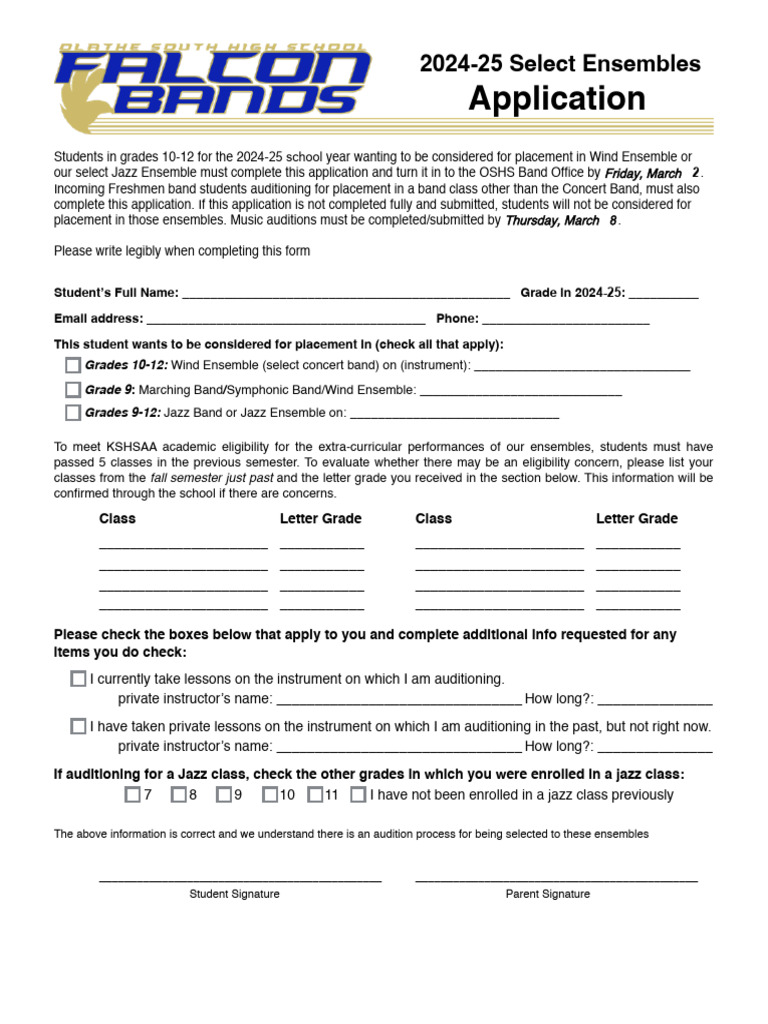 2024-25 Band Ensemble Application | PDF
