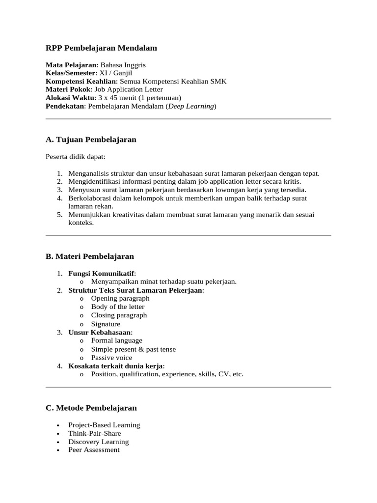 RPP Pembelajaran Deep Learning SMK | PDF