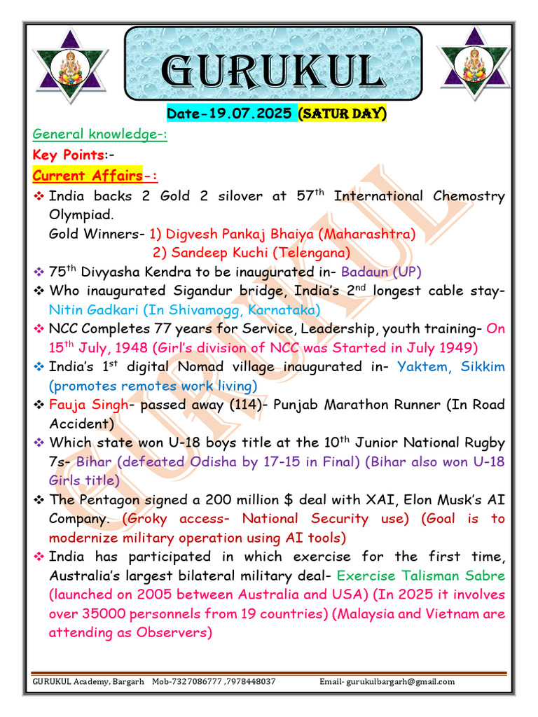 Current Affairs Highlights July 2025 | PDF