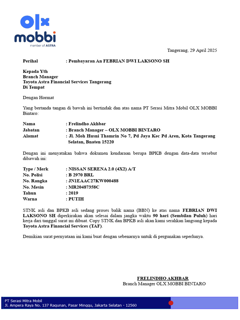 Cover Note Pajak Febrian | PDF
