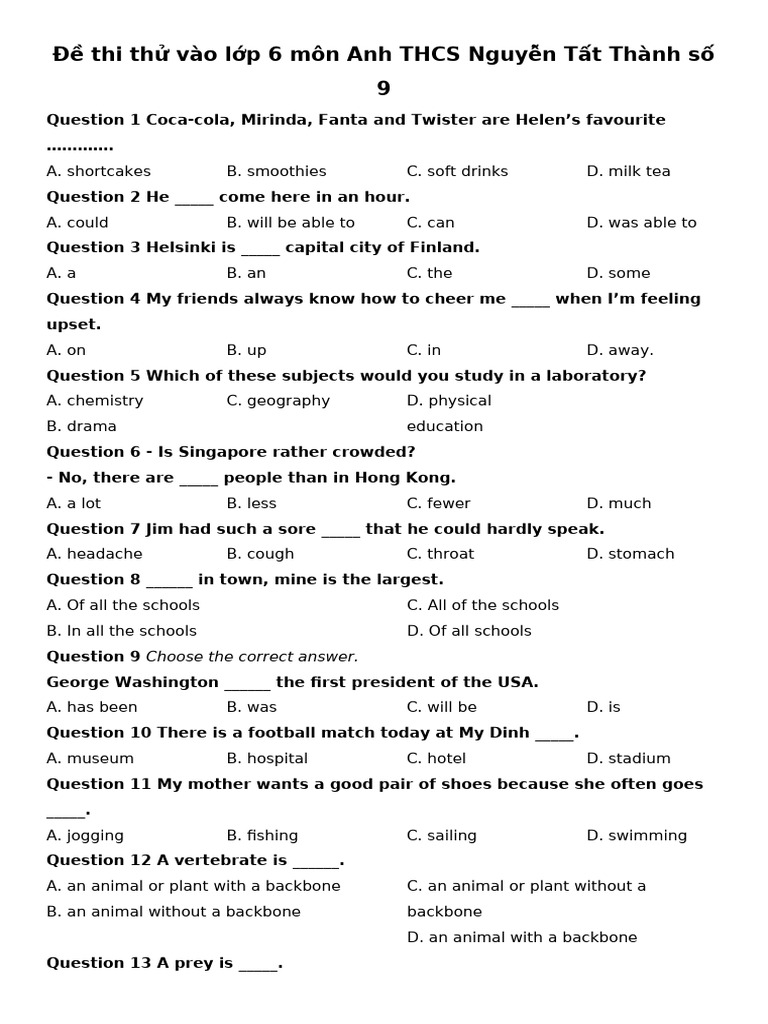 English Test for 6th Grade Students | PDF
