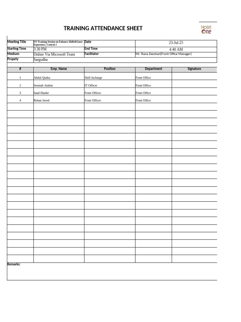FO Training Attendance Sheet 2025 | PDF