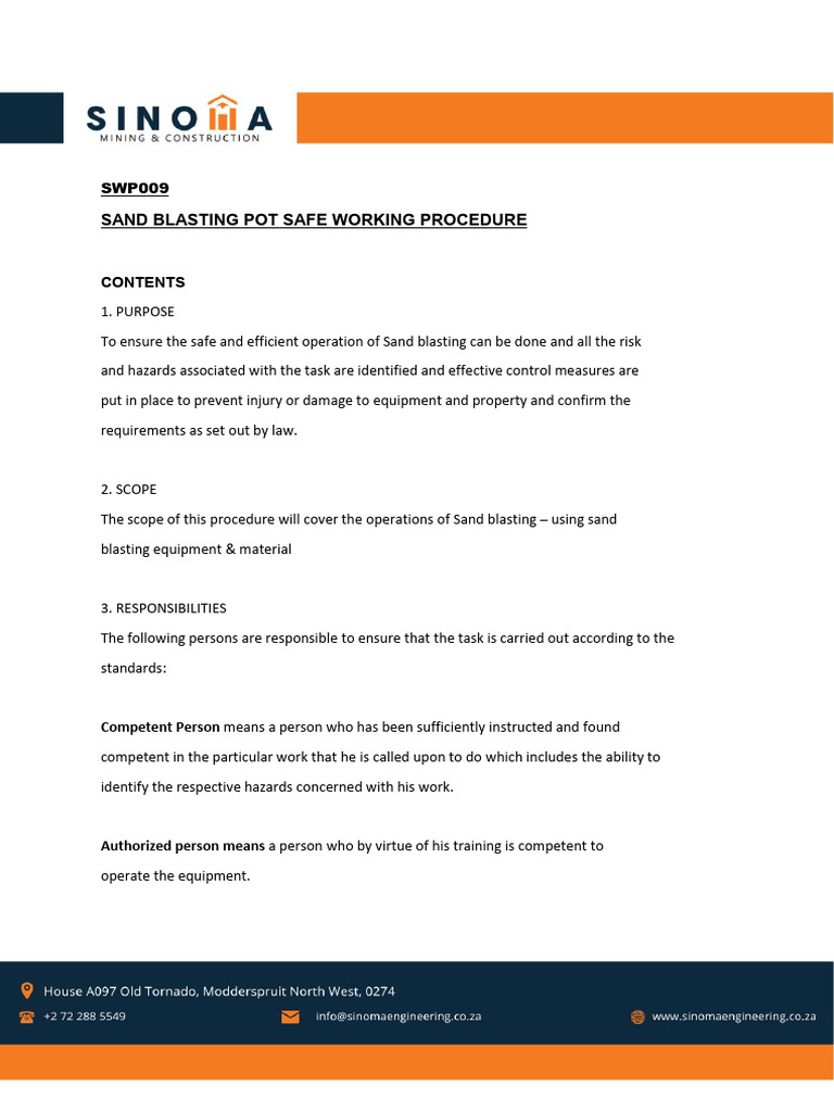 Sandblasting Safe Work Procedure | PDF | Occupational Safety And Health ...