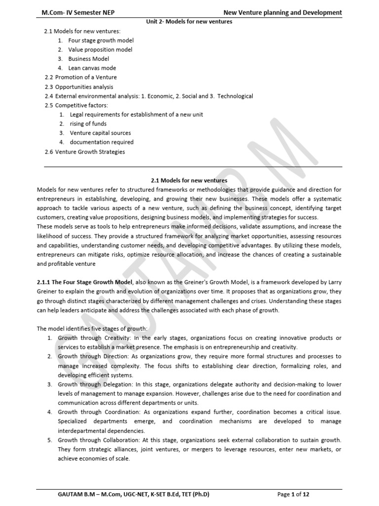 Unit 2-Models For New Ventures | PDF | Venture Capital | Corporate Finance