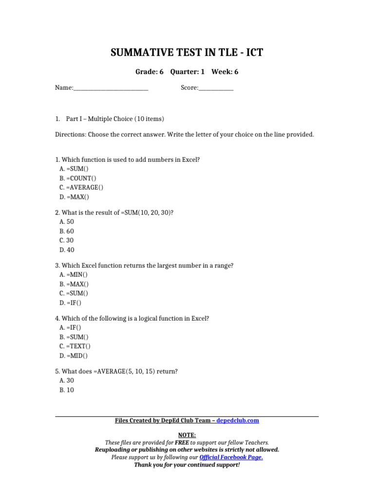 Grade 6 TLE ICT Summative Test | PDF | Microsoft Excel | Multiple Choice