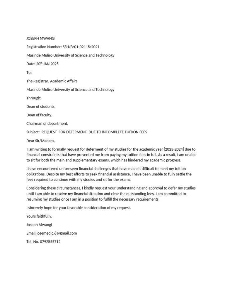 Request for Study Deferment Due to Fees | PDF