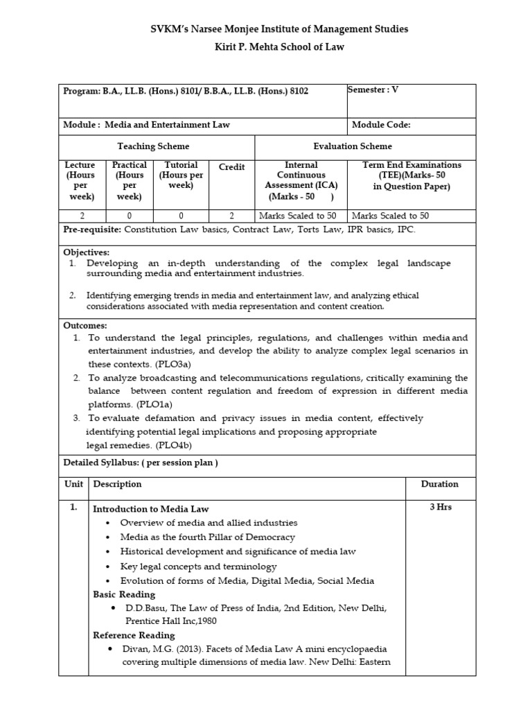 Media and Entertainment Law Syllabus | PDF | Justice | Crime & Violence