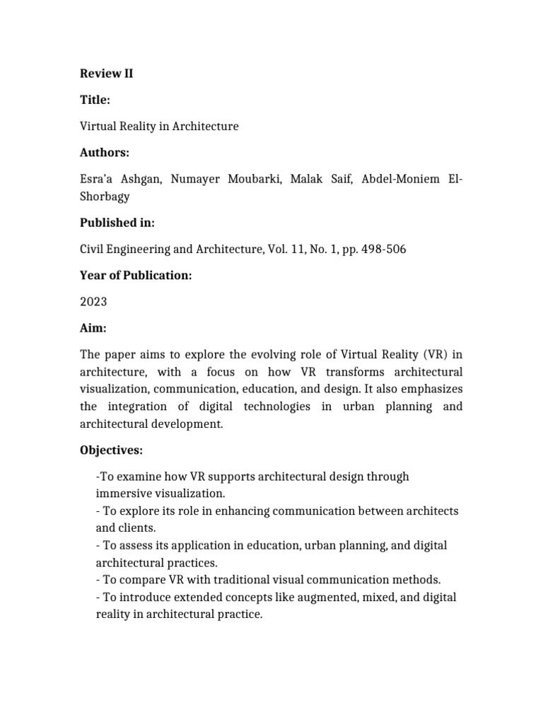 Research Paper Review VR Architecture 2023 | PDF