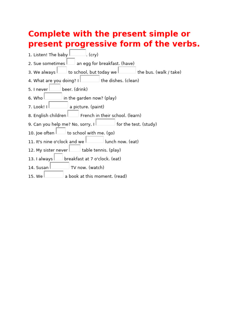 Present Continuous Exercises for 6th Grade | PDF