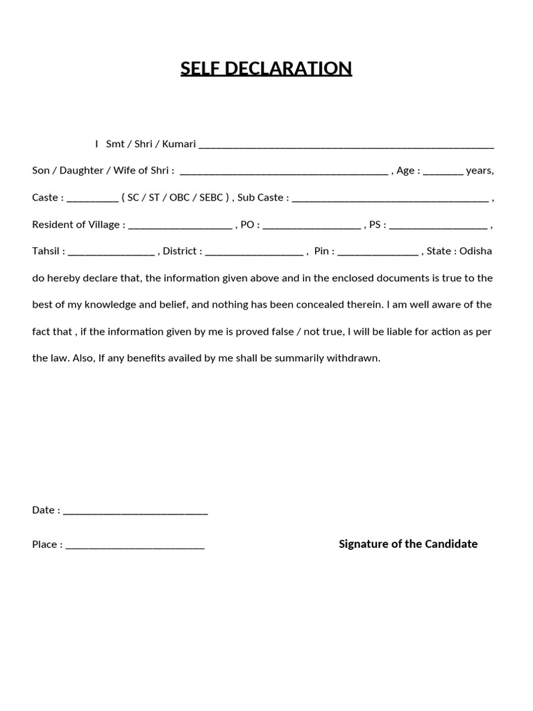 Self Declaration Form for SEBC Certificate | PDF
