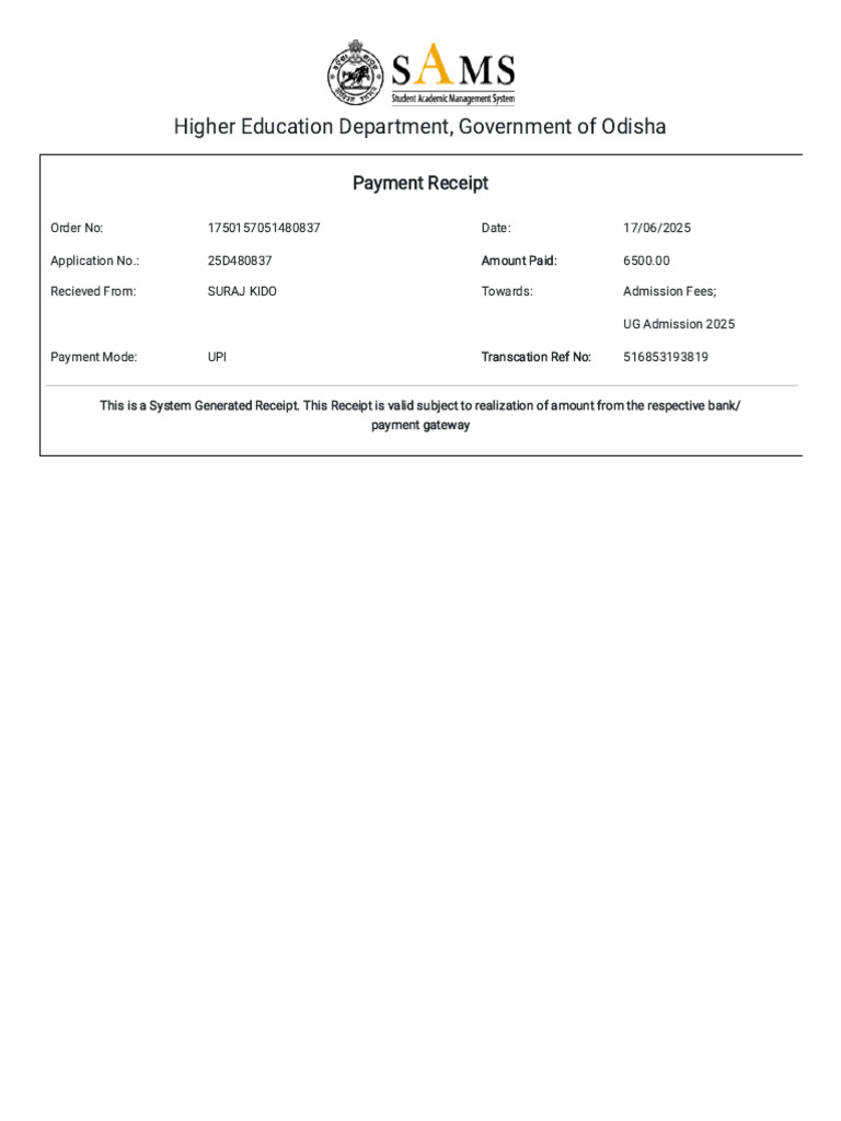 Sam's Payment Receipt for UG Admission | PDF
