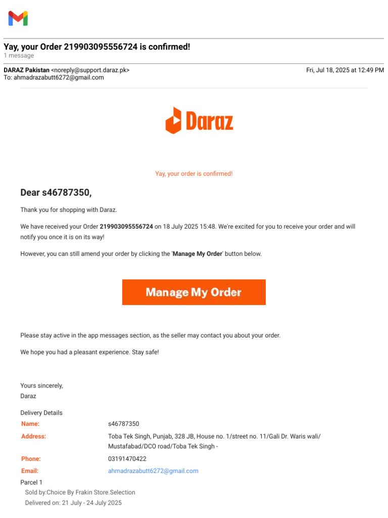 Order Confirmation for Daraz Purchase | PDF