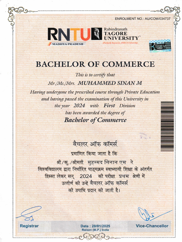 RNTU Bachelor of Commerce Certificate | PDF | Student Assessment And ...
