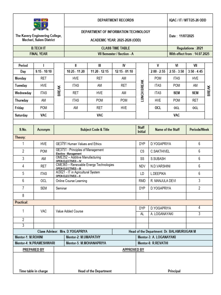 B.Tech IT Class Timetable 2025-2026 | PDF | Software Engineering ...