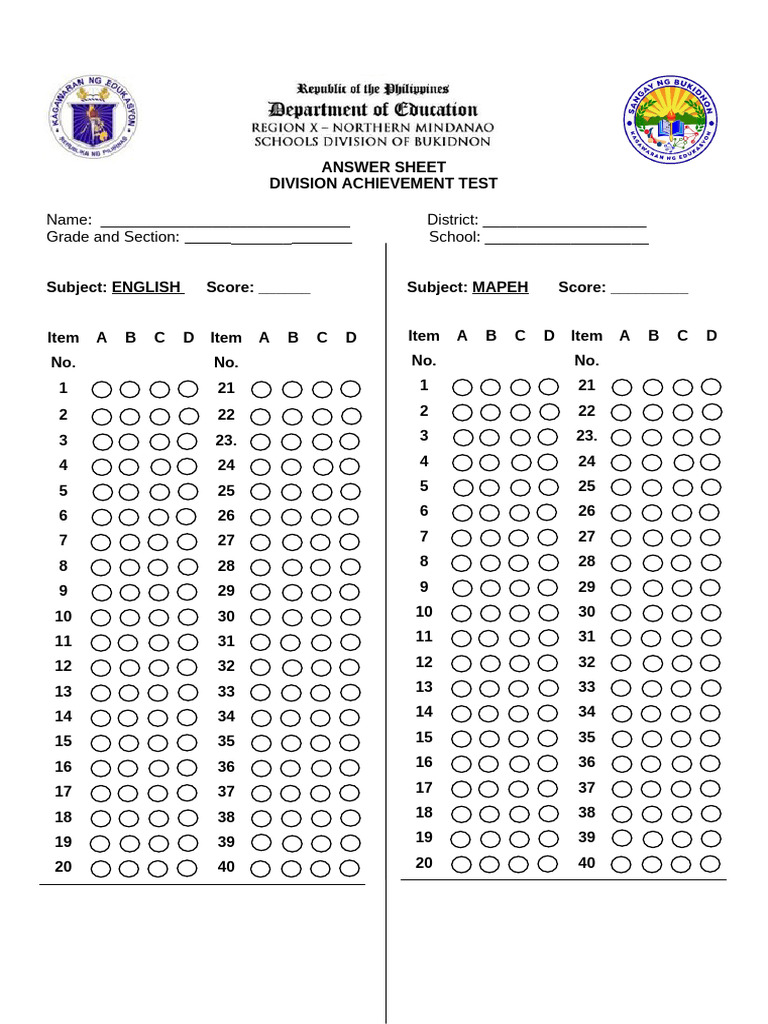 Division Achievement Test Answer Sheet | PDF