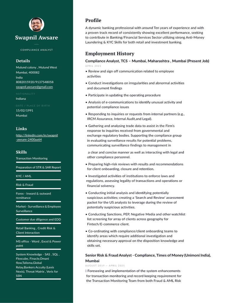 Compliance Analyst Profile: AML & KYC Expertise | PDF | Regulatory ...