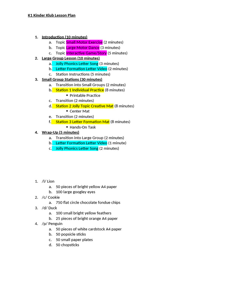 K1 Kinder Klub Lesson Plan Overview | PDF